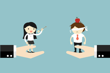Business concept, Business woman shooting an arrow to the apple on blindfolded businessman's head. Vector illustration.