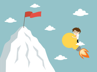 Business concept, Businessman is flying to the top of mountain using big light bulb. Vector illustration.