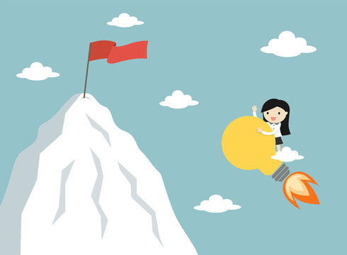 Business concept, Business woman is flying to the top of mountain using big light bulb. Vector illustration.