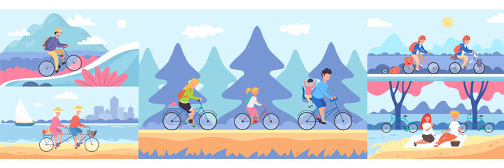 People go cycling. Bike tourism baners. Cycle sport and Mountain bike races. Bicycle riding adventure vector cartoon illustration.