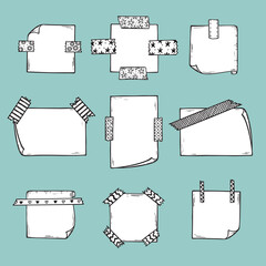 Strips of Masking Tape and Note Paper Set. Hand Drawn Doodle Sticky tape with Paper. Scotch patterned Adhesive tape collection. Vector illustration
