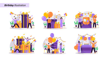 Flat vector illustration of festive birthday celebrations, using hats carrying balloons and gifts