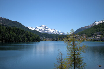Fototapeta na wymiar Sankt Moritz in der Schweiz am Seeufer 27.5.2020