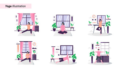 Obraz premium Flat vector illustration of doing yoga exercises at home every morning to maintain a healthy body