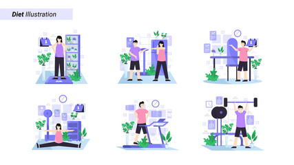 Fototapeta premium Flat vector illustration of go on a diet with regular exercise every day and maintain a healthy diet