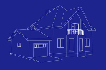 3D model suburban house whith garage. Drawing of the modern building. Cottage project on blue background. Vector blueprint.