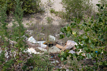 Heaps of dirty garbage rubbish in nature, pollution, plastic. Human influence on the ecology of the planet.