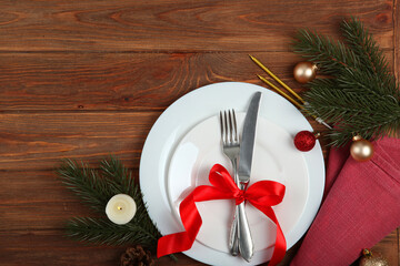 table setting for christmas or new year holiday top view. Mirimalism, place for text
