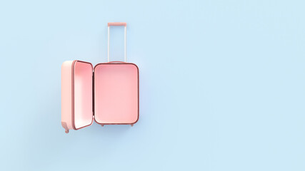 Open empty pink suitcase luggage bag on blue background. Travel concept mockup with copy space. Top view. - 366292785