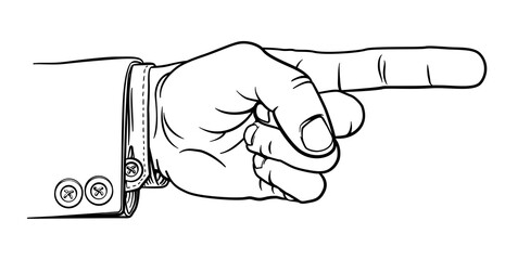 A hand pointing a finger in a direction sign. Wearing a business suit in a vintage antique engraving woodblock or woodcut style.