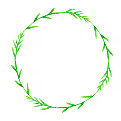 Herbal watercolor circle wreath frame template with copy space for text. Hand drawn thin leaves, grass. A raster illustration.
