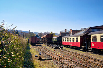 Fototapeta na wymiar Railway station with the narrow-gauge railway network and railway wagons. Brockenbahn in the Harz Mountains.