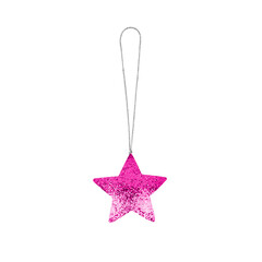 Pink star white background isolated close up, Сhristmas tree decoration, bright shiny red star...