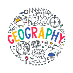 Geography. hand drawn word "geography" with educational doodles isolated on white background. Sign for school subject or scientifical project. © N.Savranska