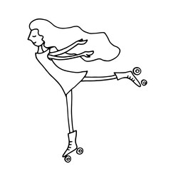 Doodle girl wearing retro roller skates, balancing pose. Vector icon