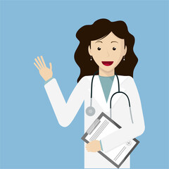 Fototapeta premium The doctor keeps a medical history and waves her hand mostly. The doctor invites you for an examination. Smiling medical professional in a white coat. Vector image