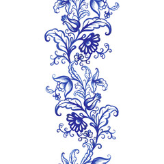 Blue floral watercolor texture pattern with flowers. 