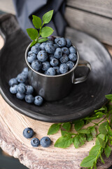 blueberries in old metallic cup on the table with berries all around on dark ceramic farm plate