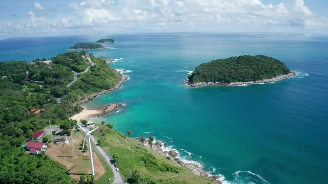 aerial view from mountain on pha hin dam to see nai harn beach and promtep cape