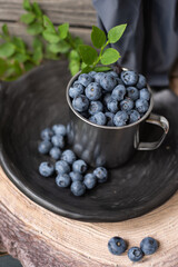 still life farm style blueberries in old metal jar on wood background in ceramic plate
