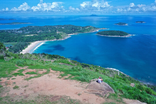 aerial view from mountain on pha hin dam to see nai harn beach and promtep cape