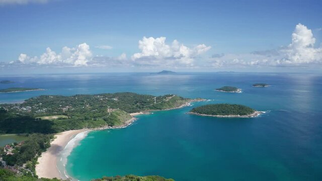 aerial view from mountain on pha hin dam to see nai harn beach and promtep cape