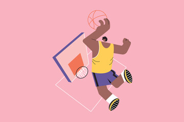 Sport, basketball, health, care concept. Young african american man boy guy athlete player character scoring slam dunk shoot with game ball into basket. Healthy active lifestyle or workout recreation.