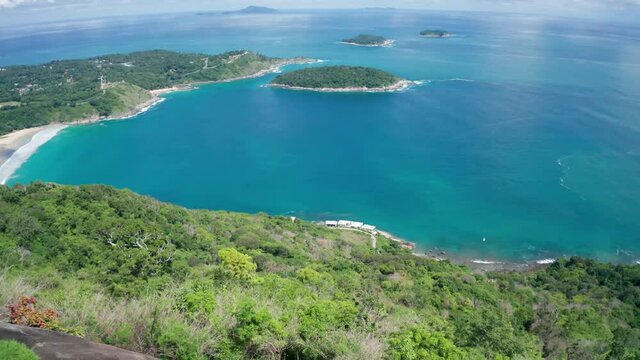 aerial view from mountain on pha hin dam to see nai harn beach and promtep cape