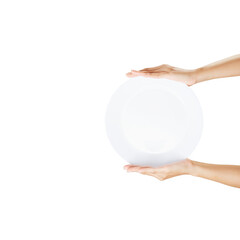 White plate on hand woman on white