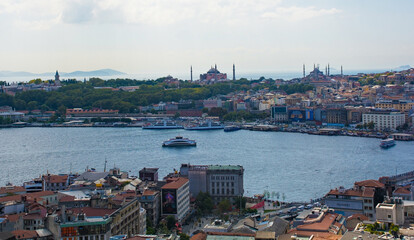 A view of Istanbul from Galata Tower in Beyoglu looking towards Sultanahmet, with Topkapi Palace on the left, Hagia Sofia centre and the Blue Mosque right