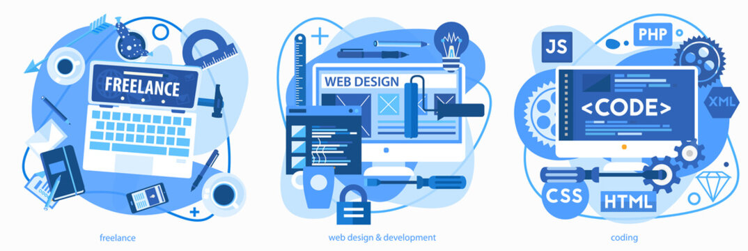 Programming and coding, scripting and website development, and freelance concepts. Horizontal banners