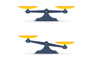 Set of scales. Bowls of scales in balance. Imbalance of scales. Libra, measure, weight, comparison symbol
