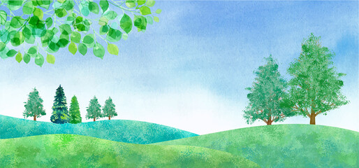 新緑と青空の平原の風景、水彩イラスト（トレースベクター）。レイアウト変更可能。