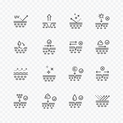 Skin line icon set isolated on transparent background. Cream care, collagen, sun lotion, serum drop elements. Vector medical skincare stroke symbols
