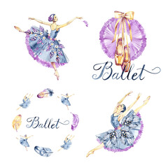 Watercolor set with girl ballerinas dancers, ballet pointes, feathers. Hand-drawn illustration isolated on white background. © Natali_Mias