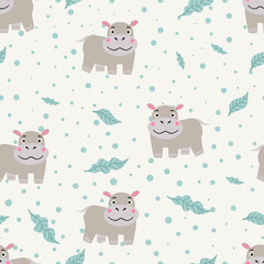 Seamless pattern with cute hippo character. Vector background for kids design.