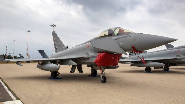 GEILENKIRCHEN, GERMANY - JUL 2, 2017: Italian Air Force Eurofighter Typhoon fighter jet on the tarmac of NATO base Geilenkirchen.