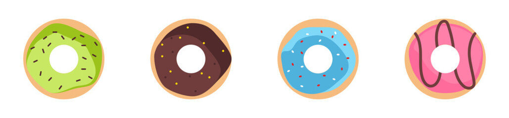Set of glazed donuts. Sweet pastry. Bakery advertisement. Colorful dessert with cream and chocolate. Vector illustration.