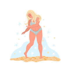 Plus size young woman in swimsuit dancing on the beach. Happy people drawing in flat style. International Women's Day. Vector illustration