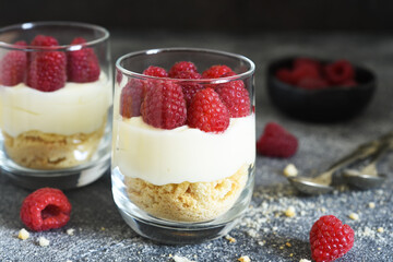 Cheesecake with raspberries in a glass on a concrete background. Classic dessert.