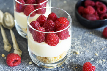 Cheesecake with raspberries in a glass on a concrete background. Classic dessert.