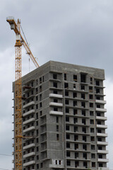 Fototapeta na wymiar Unfinished multi-storey building. Construction crane on a background of gloomy sky.