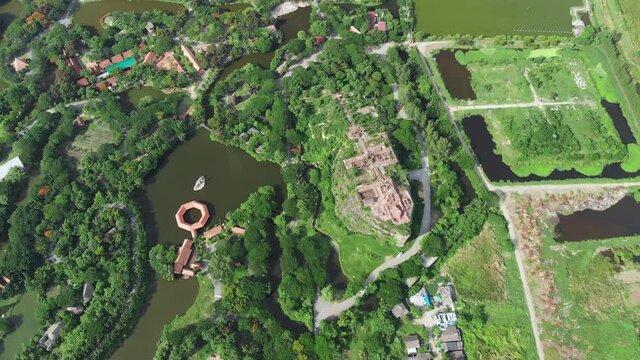 Aerial view of Mueang Boran Ancient Siam cultural park in Bangkok