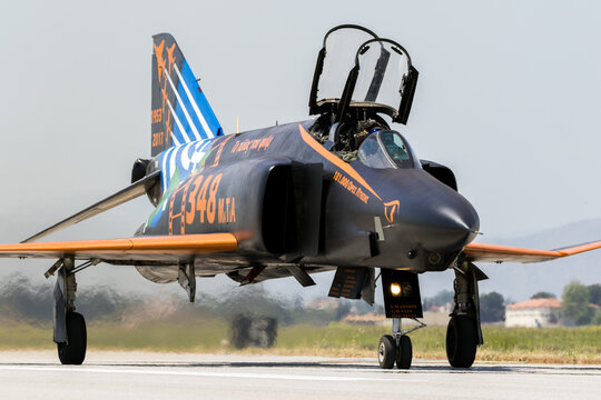 LARISSA, GREECE - MAY 4, 2017: Hellenic Air Force RF-4E Phantom II jet plane taxiing after one of its last flights. 348 Reconnaissance Squadron suspends operations after 64 years.
