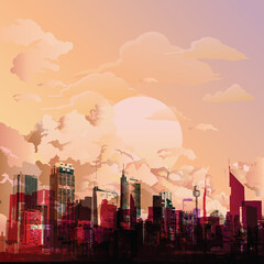 Fototapeta na wymiar Generic silhouetted stylized urban city skyline set against a stunning dawn or dust pink sky