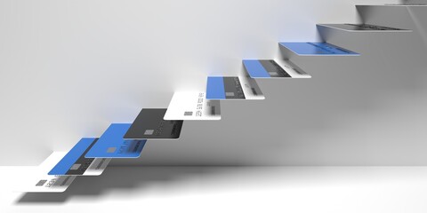 National flag of Estonia on credit cards as stairs of a staircase. Financial upward trend conceptual 3D rendering