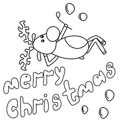 Cute deer and soap bubbles, Christmas card, outline vector illustration,