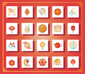 set of icons mid autumn festival or chinese moon festival