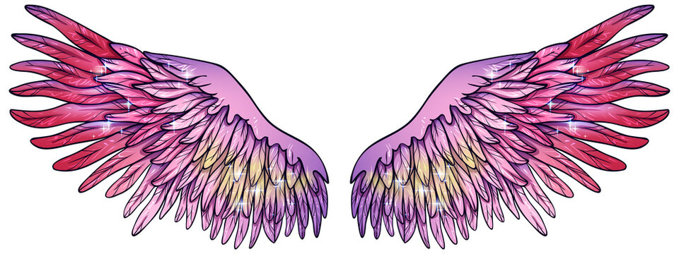 Beautiful magic glowing pink purple yellow vector wings