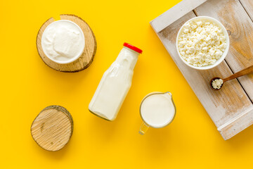 Cottage cheese, milk, cream. Healthy food for breakfast top view